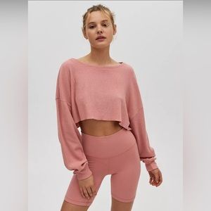 Aritzia TNA Oversized Cropped Waffle Knit Thermal- Guava Pink